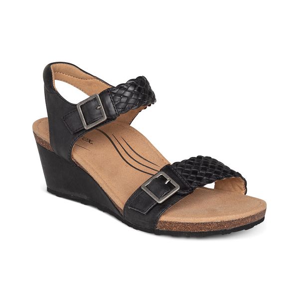 Aetrex Women's Grace Adjustable Woven Wedge Sandals Black Sandals UK 0594-141